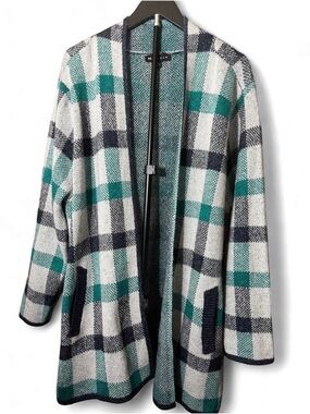 IN TOUCH Open-Front Plaid Knit Cardigan - Teal, Navy & White